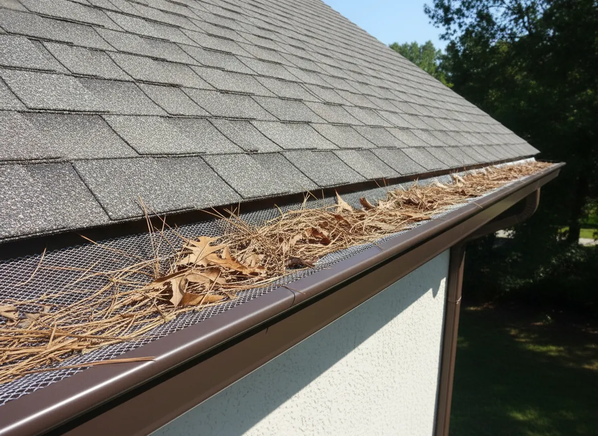 Micro-mesh gutter guard with pine needles and oak leaves sitting on top