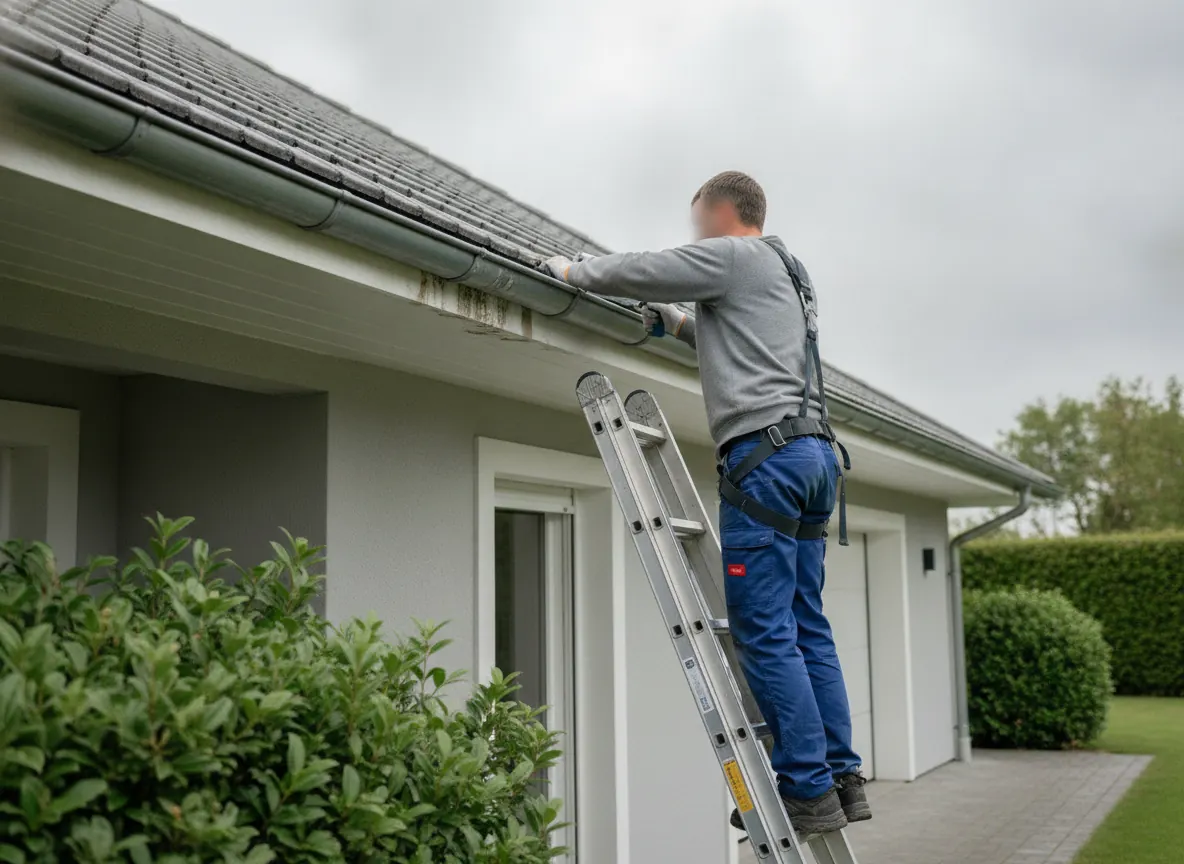 Worker on a ladder resealing a leaking gutter seam